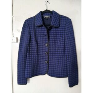 Vintage St. John Knits Blue Black Grid Knit Jacket Blazer Size 8 Fall 2009 USA